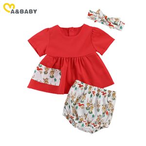 0-24m Julfödd spädbarn Baby Girl Clothing Set Red Pocket Tops Cartoon Deer Shorts Xmas Outfits 210515