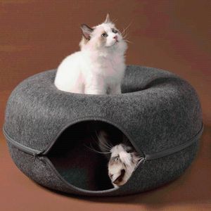 Kattbäddar möbler fyra säsonger Pet Wool Felt Cats Tunnel Interactive Spela Toy Bed Dual Use Indoor Kattunge Träning Produkter Training