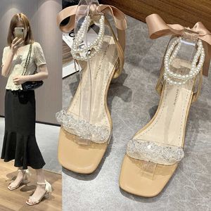 Mode Damen Schuhe 2021 Weibliche Sandale All-Match Knöchelriemen Strappy Heels Med Luxus Retro Mädchen Sommer Neue Perle Gladiator La Y0608