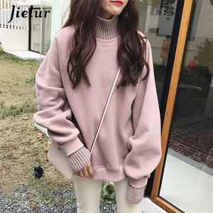 Jielur koreanska stil överdimensionerade hoodies kvinnliga vinter falska två stycken turtleneck kvinnor sweatshirt lösa tjocka fleece pullovers 211206