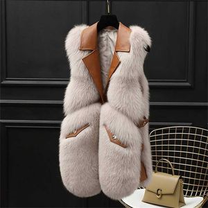 Kvinnor Högkvalitativ Elegant Ärmlös Fur Vest Fashion Warm Retro Spliced ​​Waistcoat Single Breasted Gilet Coat Streetwear 211122
