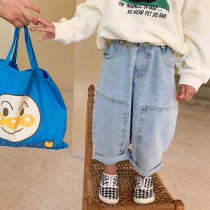 Barn jeans koreanska stil vårpojkar mode rakt denim byxor baby flickor lös solid färg all-match 1-6y 210615