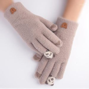 Five Fingers Gloves Women Cartoon Panda Touch Screen Thick Knitted Warm Full Finger Mitten1