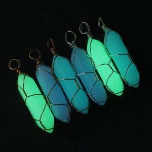 Hexagonal Pillar Crystal Necklace Glow In The Dark Luminous Wire Wrap Stone Craft Pendant Necklaces Gift for Women Men Party