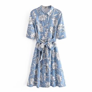 Сладкие женские воротниковые воротничка лук кружевное платье лето мода дамы китайский стиль женский цветок напечатанный мини 210515