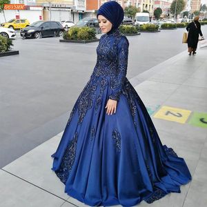 Royal Blue Muslim Långärmade Lace Ball Gown Prom Klänningar med Sequined Appliques Sweep Train Lace-up Formella kvällsklänningar