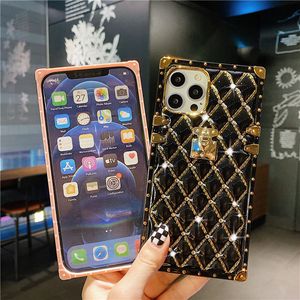 Lyxig designer Lambskin TPU Telefonfodral för iPhone 13 12 11 Pro Max XS XR 8 7 Plus 6D Electropled Square Diamond Defender Cover Case