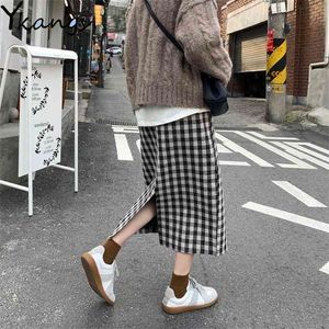 Vintage High Waist Split Plaid Skirt Women Winter Warm Wool s Autumn Plus Size Korean Style Wild A-Line Midi 210421