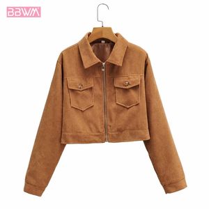 Corduroy lapel dragkedja långärmad mode chic kvinnlig kappa koreanska stil college stil casual damjacka 210507