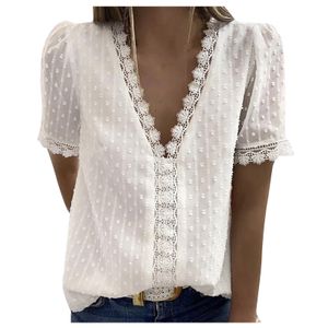 Desenhos blusa vintage S-3xl para mulheres camisas de primavera de verão moda lace manga curta casual camisa v-pescoço de cor sólida