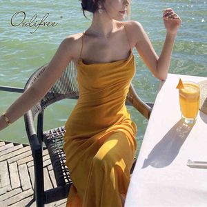 Sommer Frauen Satin Slip Spaghetti Strap Sexy rückenfreies gelbes langes Partykleid 210415