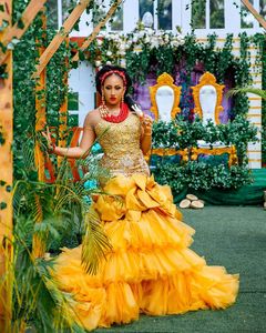 Golden mermaid aso ebi tulle layered ruffled dress short sleeve beaded lace handmade flower with train