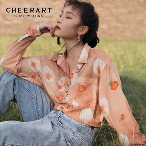 Tie Dye Floral Long Sleeve Top And Blouse Rose Print Orange Button Up Shirt Korean Fashion Fall Women Clothing 210427