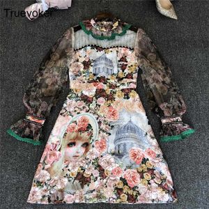 Eski Butik Elbiseler toptan satış-Truevoker Kadın Dantel Flare Kol Vintage Çiçek Baskı Butik Parti Elbiseler Kadın Festa Vestidos