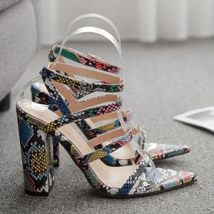 Women Sandals Ankle Strap High Heels Snake Skin Sexy Square Heel Shoes 2021 Open Toe Summer Female