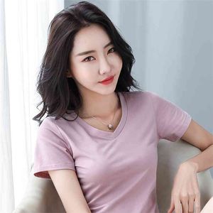 women Solid color basic cotton T shirt short sleeve V neck tees ladies casual tee top Oversize woman ts y2k 210507