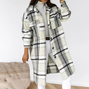 Winter Checked Women Jacket Down Overcoat Warm Plaid Long Coat Oversize Thick Woolen Blends Female Streetwear
