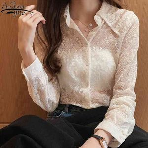 Camisa de fundo de laço de primavera Fashion Chic Bordado Floral Blusa Branco Plus Size Mulheres Manga Longa Coreana Top 13125 210521