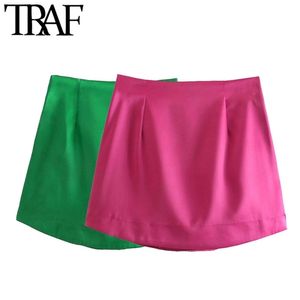 TRAF Women Chic Fashion Soft Touch Shiny Mini Skirt Vintage High Waist Side Zipper Female Skirts Mujer 210730