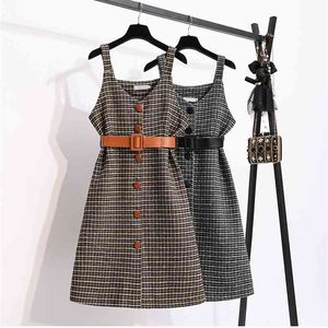 Autunno Inverno Donna Elegante senza maniche Tweed Plaid Strap Casual Slim Dress Abiti femminili 210519