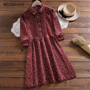 Jesień Zima Casual Damska Dress Navy Blue Red Corduroy Floral Printed Vestidos Turn-Down Collar A-Line Słodka Koszula Mini 210520