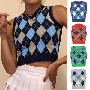 V-Neck Vintage Sweter Kamizelka Kobiety Bez Rękawów Plaid Dzianiny Crop Swetry Tank College Style Diamond Top na imprezę dzienną 210915