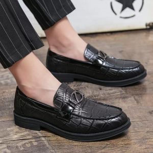 men dress shoes metal button leather Top Leather wedding party fashion loafers large size:US6.5-US10