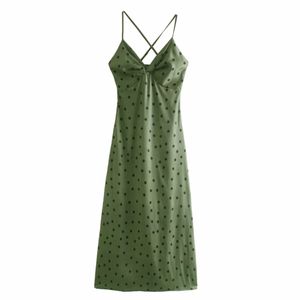 Primavera Mulheres Knotting Decoração Polka Dot Imprimir Suspender Midi Vestido Feminino Sem Mangas Roupas Casuais Senhora Solta Vestido D7332 210430