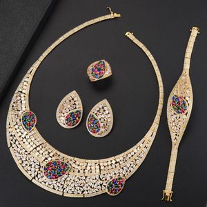 Earrings  Necklace Luxury Big Teardrop Hollow Choker Wedding Jewelry Sets Cubic Zirconia Bracelet Ring