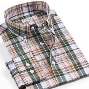 England Style Long Sleeve Plaid Checkered Cotton Shirt Pocket-less Design Standard-fit Casual Button-down Men Gingham Shirts 210809