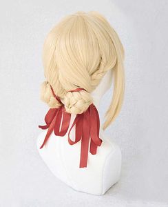 Violet Evergarden Bonytail Buns Buns Loira Cabelo Resistente ao Calor Cosplay Peruca + Cap Fita Y0913