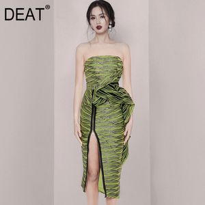 甲状腺女性緑の非対称ジッパー縞模様のハイウエストのドレス新しいストラップレスノースリーブスリムフィットファッション潮の夏7E0449 210428