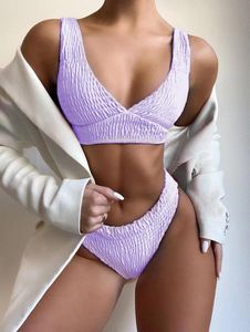 Women's Swimwear Custom Logo Label Tag Amazon 2021 High Waist Swimsuit Solid Set Wrinkle