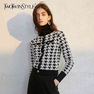 TWOTWINSTYLE Plaid Vintage Sweater For Women Turtleneck Long Sleeve Slim Short Knitted Pullovers Female Fashion Clothing 210517