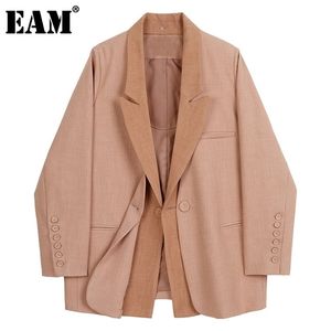 [EAM] Women False Two Big Size Temperament Blazer Lapel Long Sleeve Loose Fit Jacket Fashion Spring Autumn 1DD1014 211006