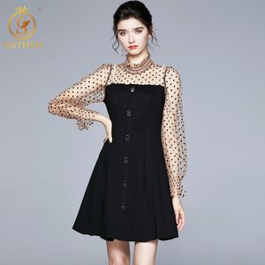 Mode Runway Autumn Dresses Kvinnor Långärmad Polka Dot Mesh Patchwork Black Vintage Ladies Mini Vestido da Festa 210520