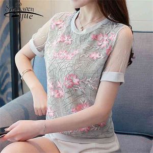 Summer Fashion Lace Hollow Women Blouses Embroidery Floral Office lady Grey Shirt Clothing Female Tops Blusas 0043 30 210521
