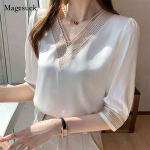 Fashion Summer Chiffon Blouse Women V Neck Casual White Shirt Tops Female Short Sleeve Loose Blouses Clothing Blusas 13367 210512