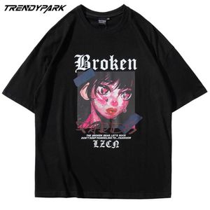 Hip Hop Anime ładna dziewczyna Drukuj T Shirt Mężczyźni Streetwear Harajuku T-shirt Bawełna Casual Krótki Rękaw Tshirt Black Tops Tees 210601