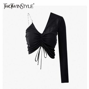 Sexy Black Shirt For Women Asymmetrical Collar Long Sleeve Slim Ruched Blouses Females Summer Clothing Stylish 210524