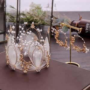 Forseven luxo branco penas simuladas pérola redonda tiaras coroa brincos de joias conjuntos para princesa mulheres festa de casamento nupcial h1022