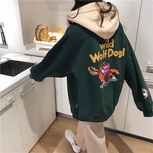 Hoodie och Fleece Kvinnors Loose Korean Tecknad filmtryckt Sweats Shirt Casual Coat Fashion Trend Cool Top Ins 210803