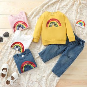 Wholesale baby sweatshirt pattern resale online - Clothing Sets Years Unisex Infant Casual Outfits Baby Girls Rainbow Letter Pattern Pullover Sweatshirt Ripped Jeans With Pockets Boys