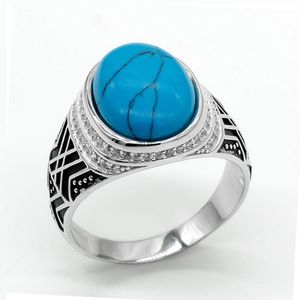 Cluster Rings 925 Sterling Silver Men Ring Vintage Blue Color Crack Big Stone With Clear CZ Fashion Jewelry