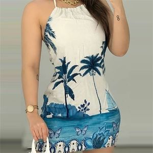 Frauen Ärmellose Halter Tropical Bodycon Mini Kleider Mode Weibliche Sommer Über Knie Kurze Casual Kleid 210716