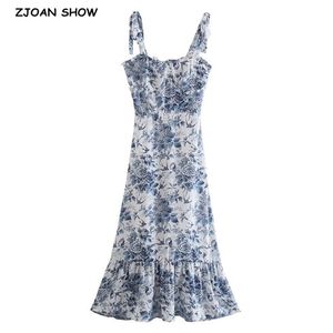 夏のヴィンテージフレンチスタイルの青い白い花の女性のドレススプライスされたフリル裾ネクタイ弓ストラップノースリーブセクシーなビーチホリデー210429