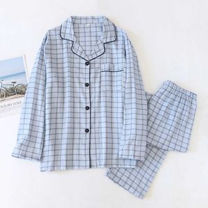 日本の春と秋のメンズコットンラペル長袖のズボンシンプルな格子縞ホームPajama Set Plus Sizemen Pajamas 211019