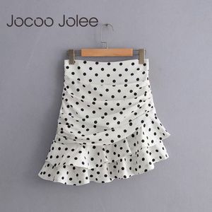 Chic Polka Dot Print Ruched Asymmetrisk Mini Skirt Kvinnor Elegant Hög Midja Ruffled Oregelbundet Hem Design Bodycon 210428