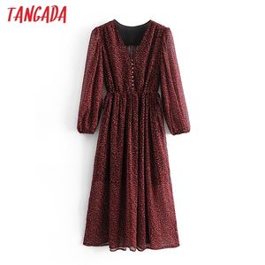 Moda Mulheres Leopard Impressão Vermelho Chiffon V Neck botões Escritório Senhoras elegante MIDI Vestido 3A106 210416