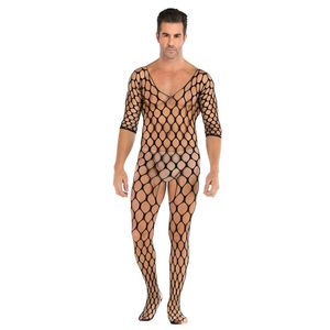 Bras Sets Mens Crotchless Sexy Lingerie Transparent Fishnet Bodysuit Erotic Nylon Bodycon Stockings Catsuit Gay Cosplay Sex Mesh Tights
